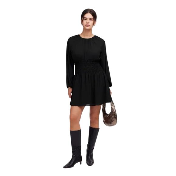 NWT Madewell Black Chiffon Smocked Mini Dress L | Lined Long Sleeve - Picture 4 of 10